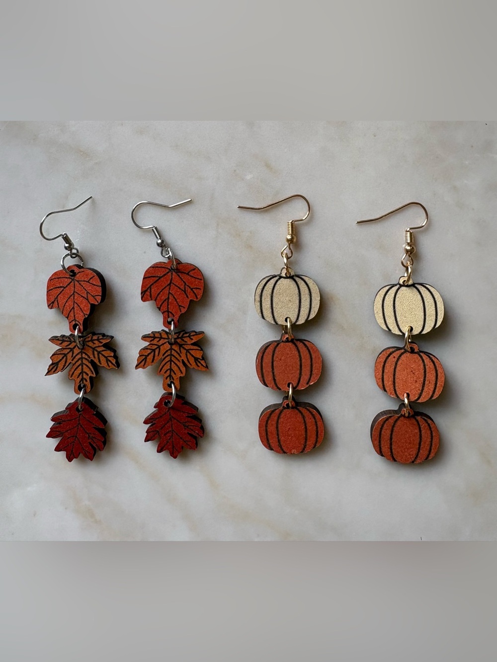 Fall Autumn Pumpkin Maple Leaf wood bundle Earrings - Orange and Cream